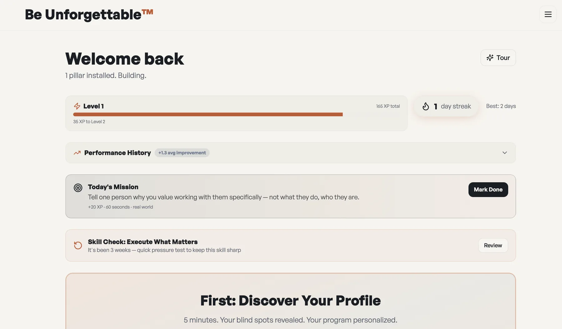 Be Unforgettable member dashboard